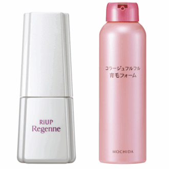 コラージュフルフル育毛フォ ーム 150g ¥1,980（編集部 調べ）／持田ヘルスケア　 （左）リアップリジェン ヌ［第1類医薬品］ 60mL ¥5, 763／大正製薬