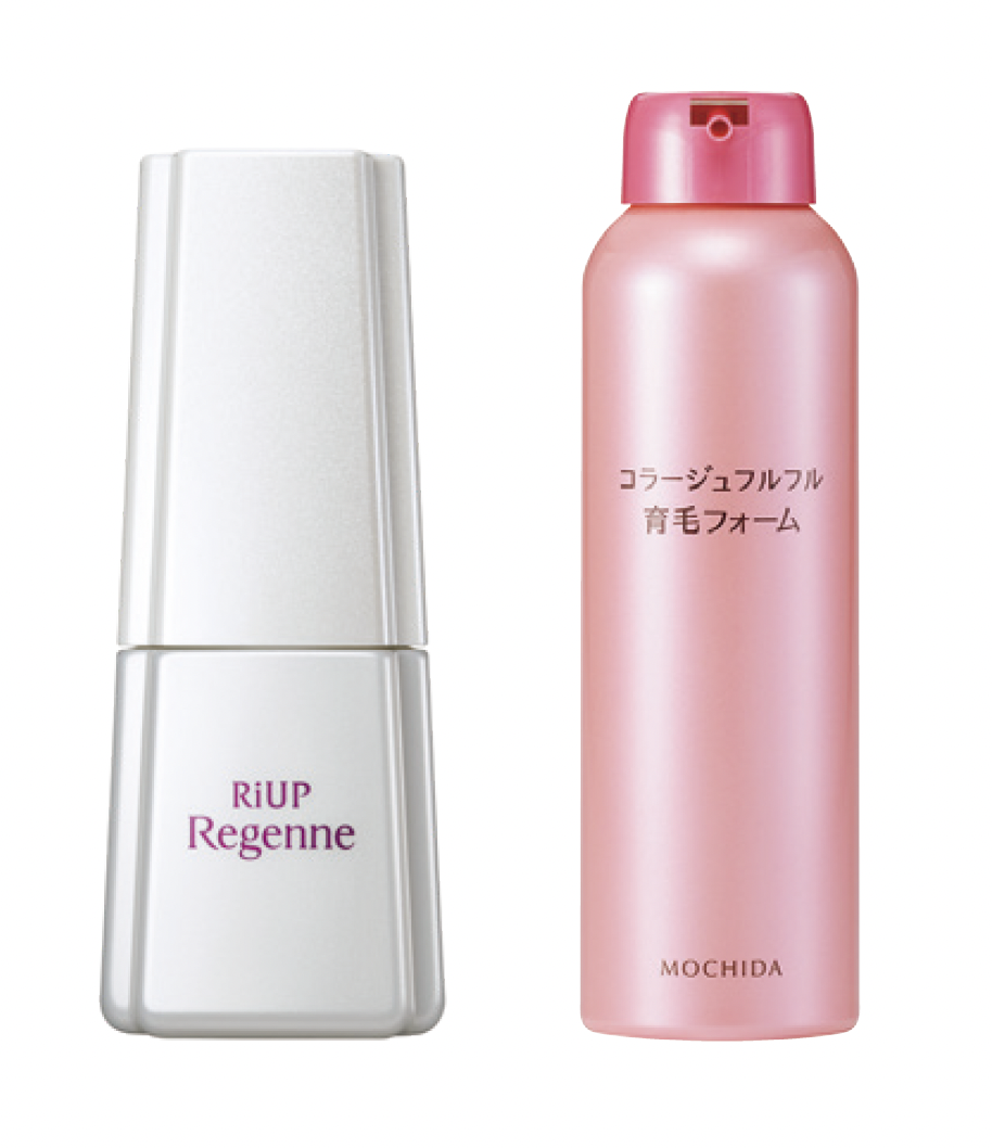 コラージュフルフル育毛フォ ーム 150g ¥1,980（編集部 調べ）／持田ヘルスケア　 （左）リアップリジェン ヌ［第1類医薬品］ 60mL ¥5, 763／大正製薬