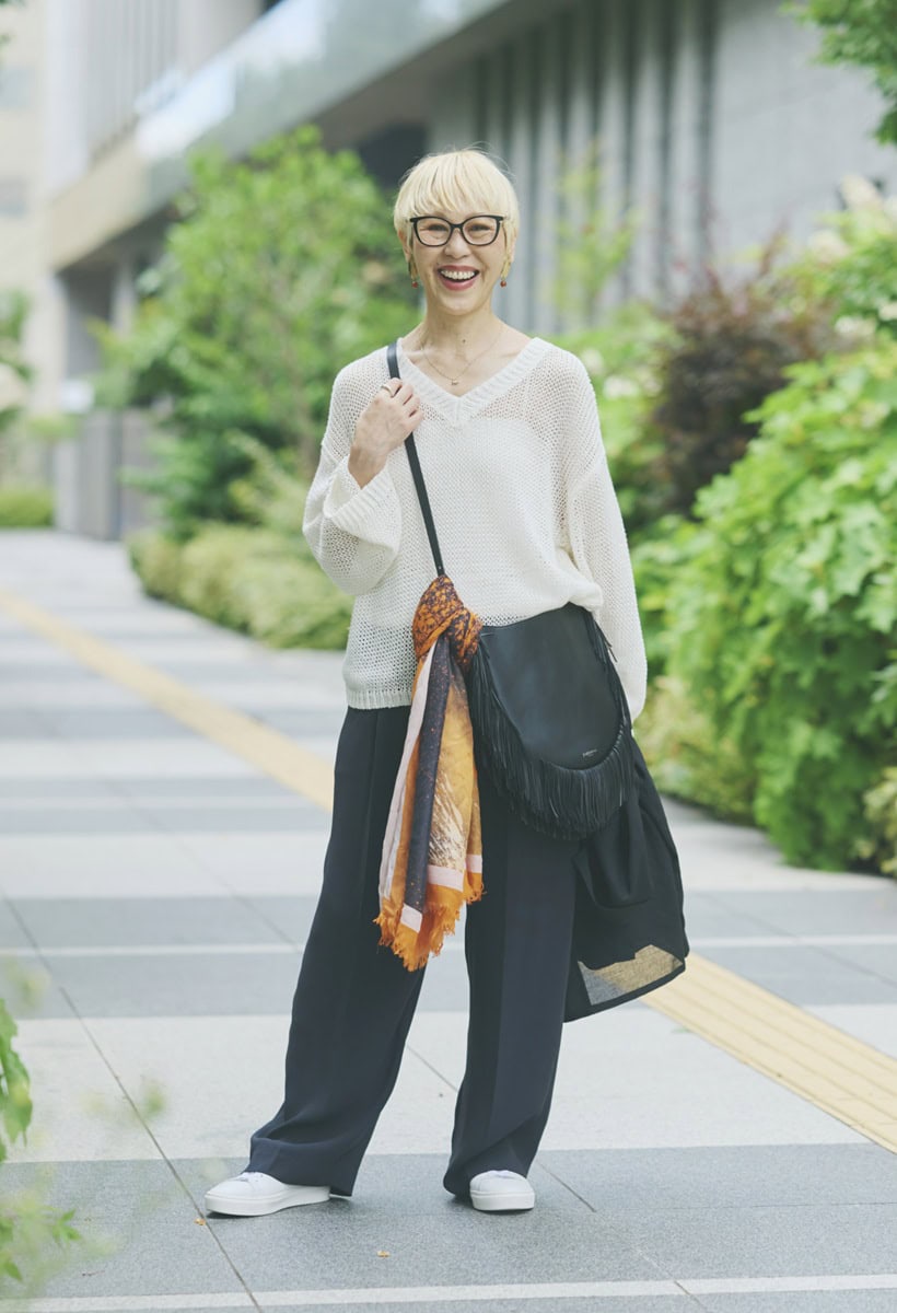 ３日目、帰りの新幹線は、パンツとサマーニットのらくちんスタイル