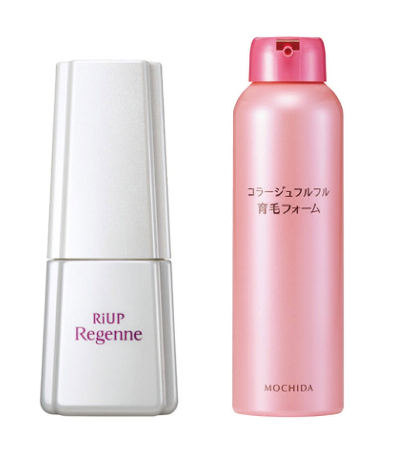 （右）液だれしにくく、最も気になる分け目や生え際などに使いやすいフォームタイプ。コラージュフルフル育毛フォーム 150g ¥1,980（編集部調べ）／持田ヘルスケア　 （左）日本で唯一、発毛効果が認められている成分ミノキシジルを配合した、女性専用の発毛剤。リアップリジェンヌ［第1類医薬品］ 60mL ¥5,763／大正製薬