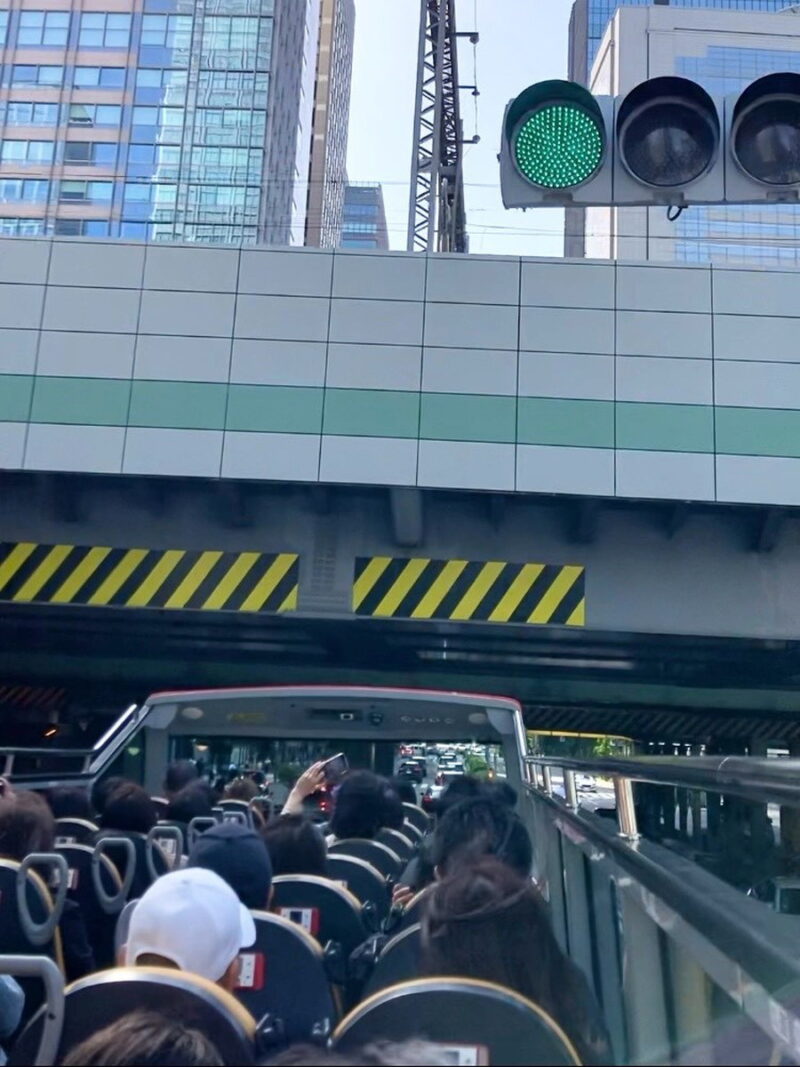 スカイバスの「皇居・銀座・丸の内コース」。頭すれすれの高さで高架下をすり抜ける瞬間はスリル満点