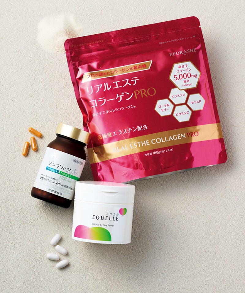 (上から時計回りに) 厳選された高分子コラーゲンを主体に、高純度のエラスチンを配合。手軽に美容と健康をサポート。エポラーシェ リアルエステコラーゲンPRO 180g ¥6,480/トリプルサン 大豆肺芽を乳酸菌で発酵させたエクオールを含有。エクオールが女性特有のゆらぎをサポート。1日4粒目安で10mgのエクオールを摂取。エクエル 112粒 ¥4,320/大塚製薬 みつばち由来のプロポリスエキス配合。認知機能に欠かせない記憶力・集中力・判断力にアプローチ。ノンアルツ Bee 90球 ¥8,964/山田養蜂場
