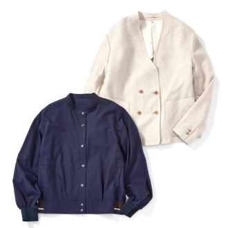 （上）やわらかい印象で着られるノーカラーのジャケット。￥24,900／無印良品 銀座 （下）オックスフォードシャツの袖口と裾に、リブがついてブルゾン風に。カジュアルな着こなしに◎。￥22,000／ヒューマン ウーマン
