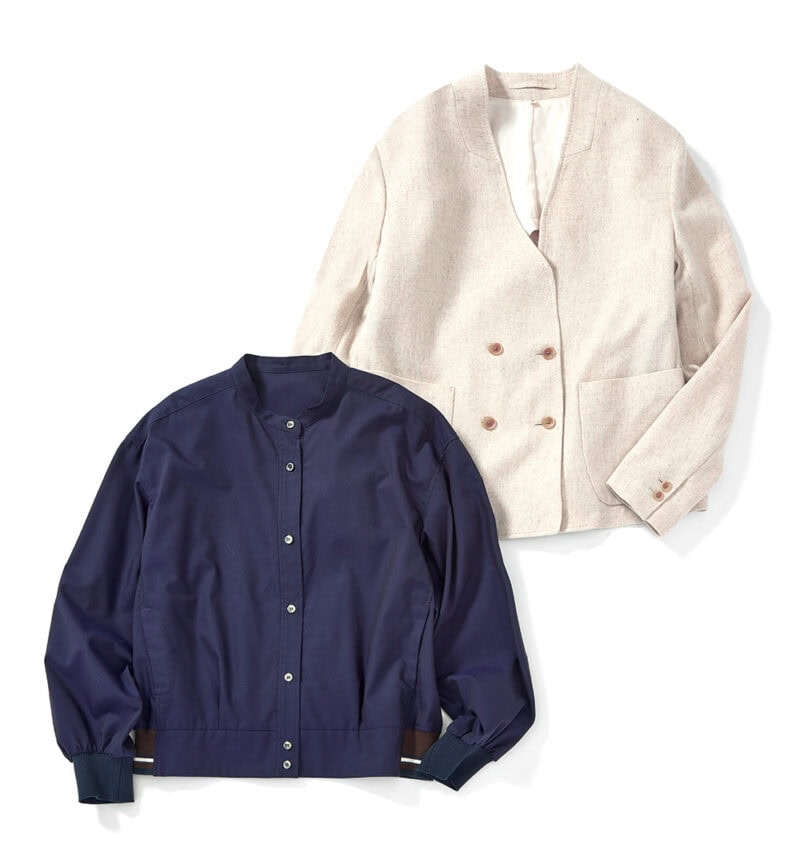 (上)やわらかい印象で着られるノーカラーのジャケット。¥24,900/無印良品 銀座 (下)オックスフォードシャツの袖口と裾に、リブがついてブルゾン風に。カジュアルな着こなしに◎。¥22,000/ヒューマン ウーマン